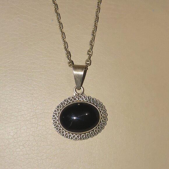 Vintage Taxco Sterling Silver 925 Pendant 18 Necklace Black Onyx Stone Filigree - Picture 7 of 10